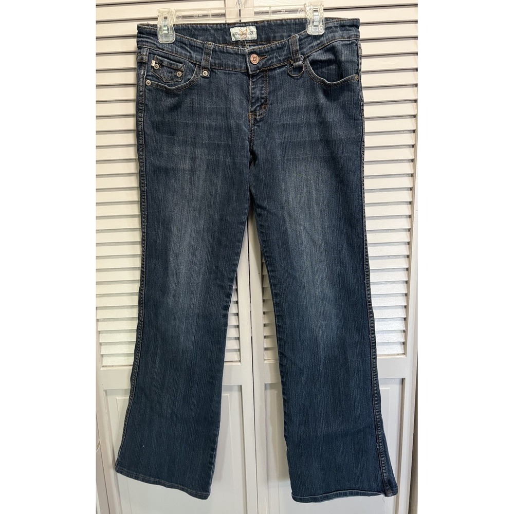 Vintage Frankie B Flare Dark Denim Jeans Low Rise Sz 8 Y2K Studs Hardware